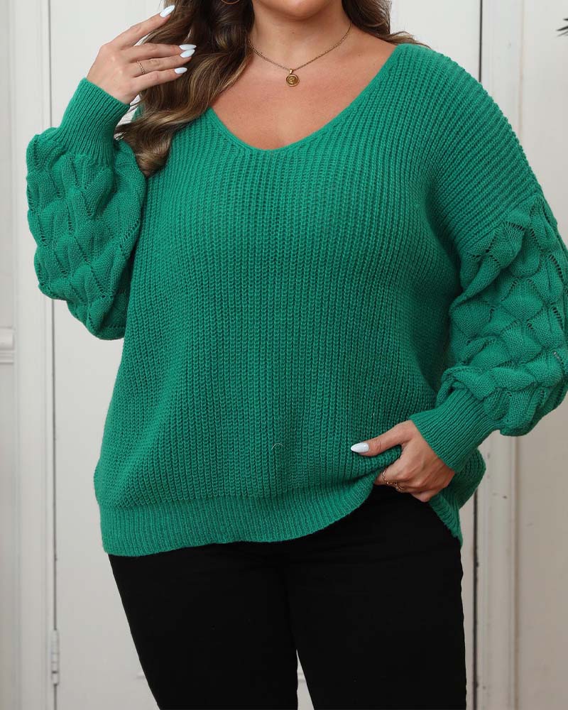 Pullover Manches Ballon Col En V Tricoté