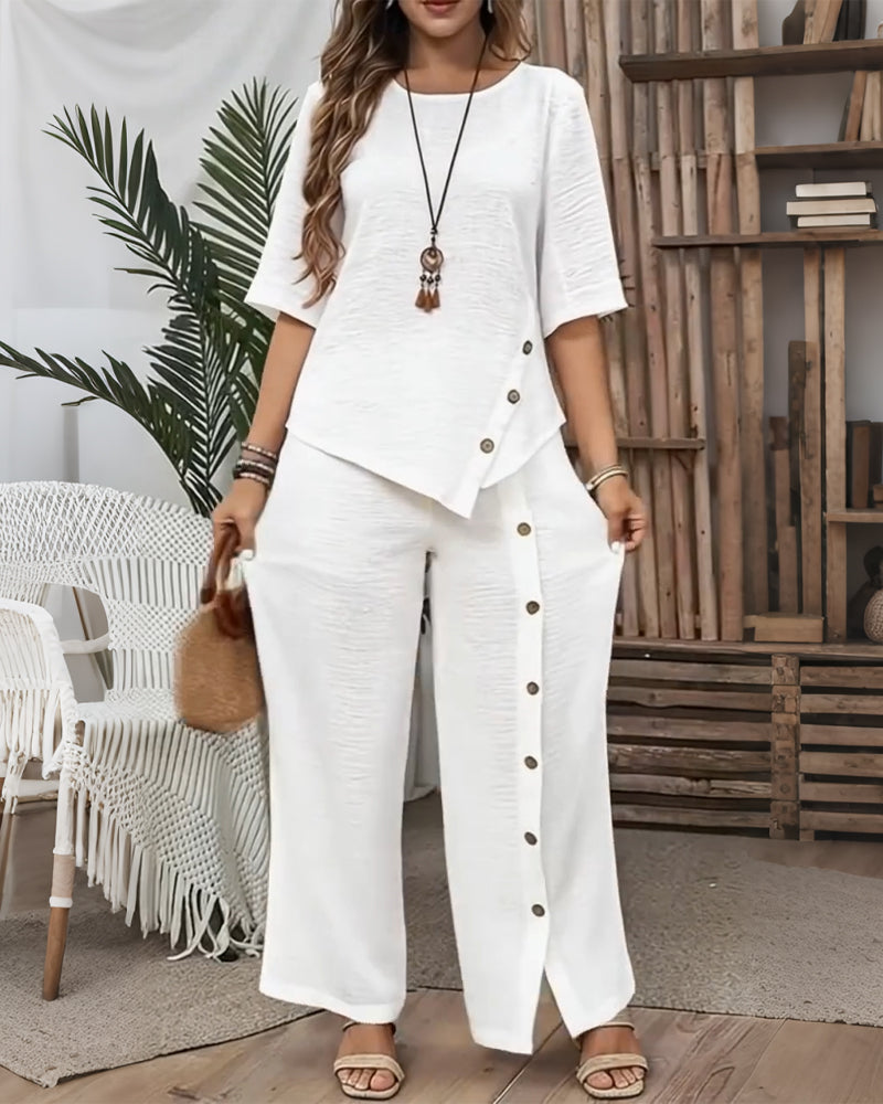 Ensemble Top Irrégulier Orné De Boutons Et Pantalon