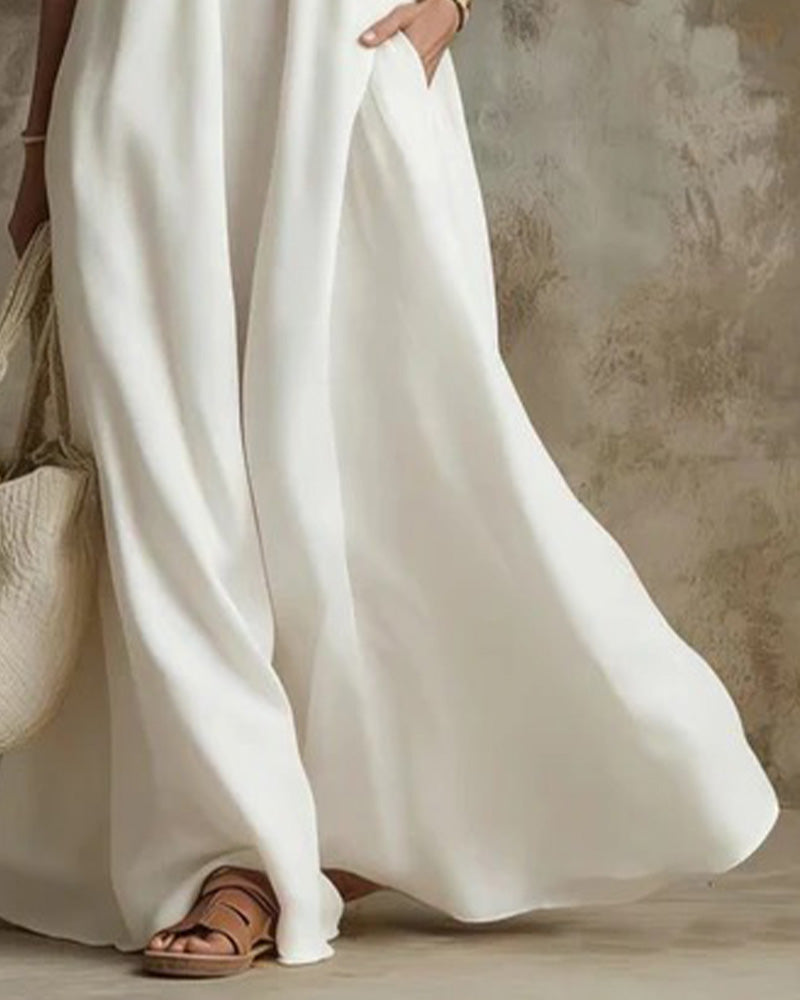 Robe Bretelles Hors Épaule Jupe Ample Unie Poche