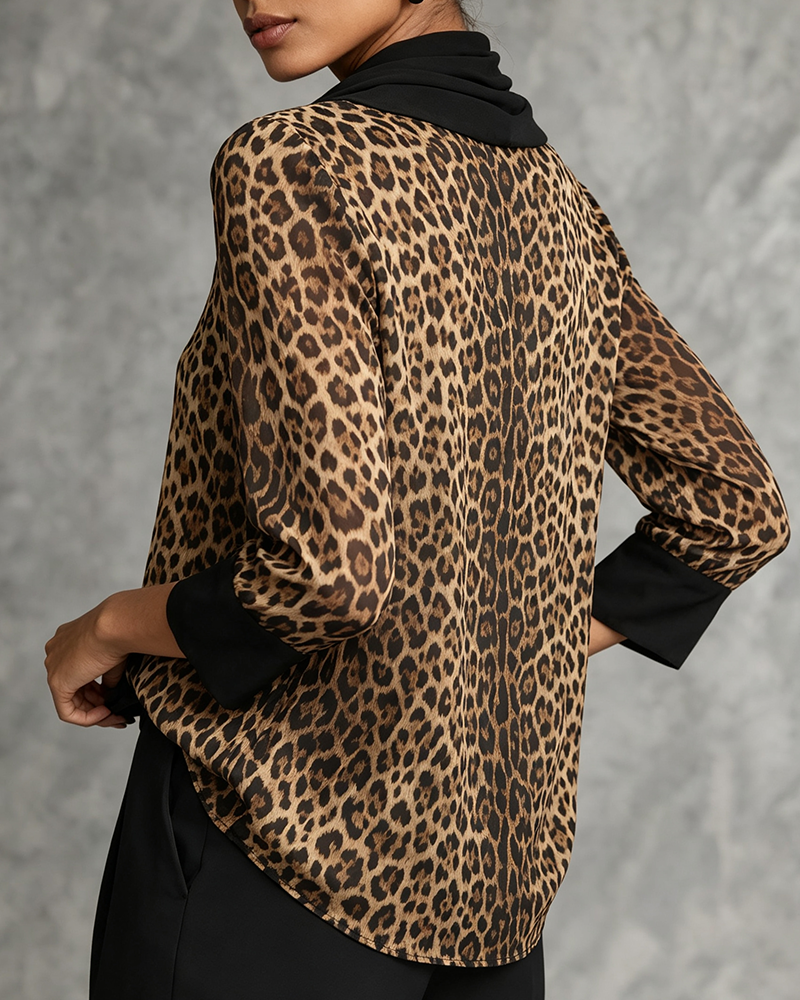 Blouse Col Mock Léopard Manche Coude