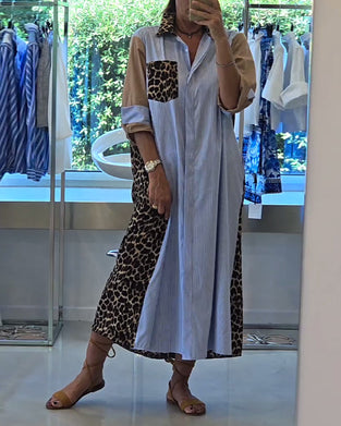 Robe décontractée à revers à imprimé léopard à rayures