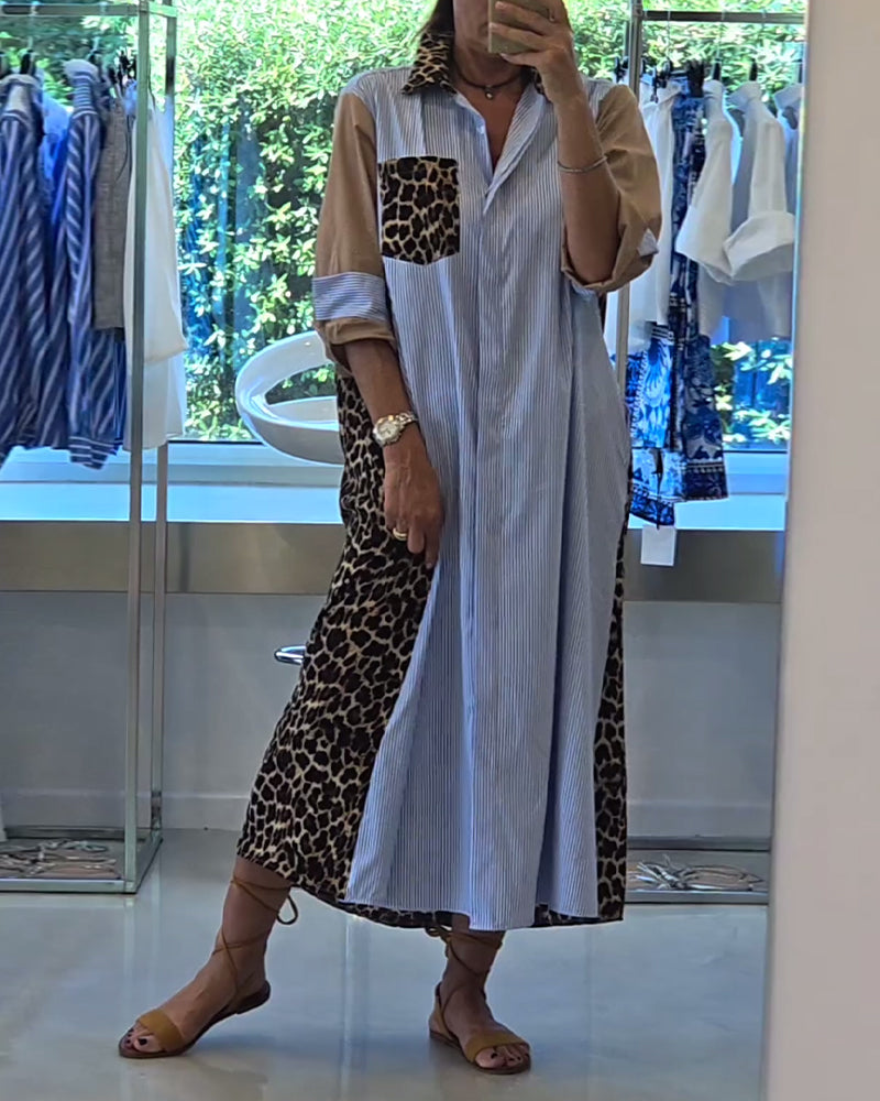 Robe décontractée à revers à imprimé léopard à rayures