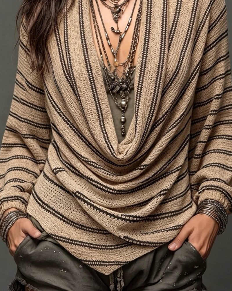 Pull Rayé Col Drapé Manches Longues