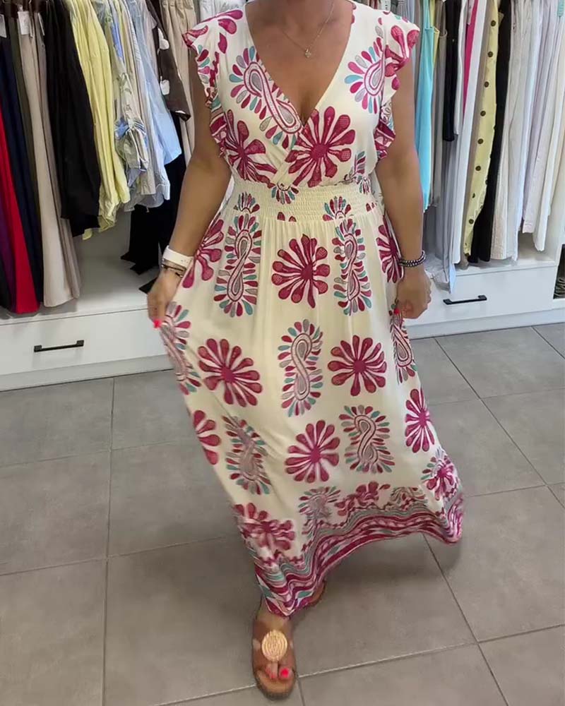 Robe Floral Taille-Serrée Manche-Volant Vacances Maxi