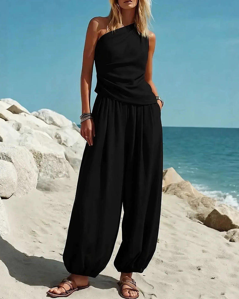 Set Haut Tank Top Une Épaule Taille Haute Pantalon