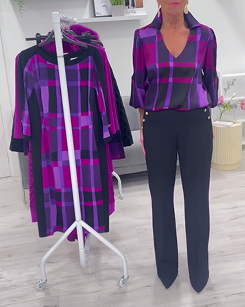 Blouse large à carreaux col V et revers