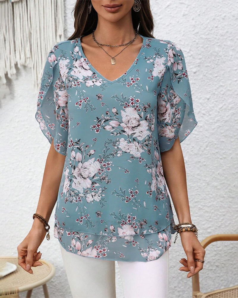 Blouse Manches Pétales Col En V Imprimée