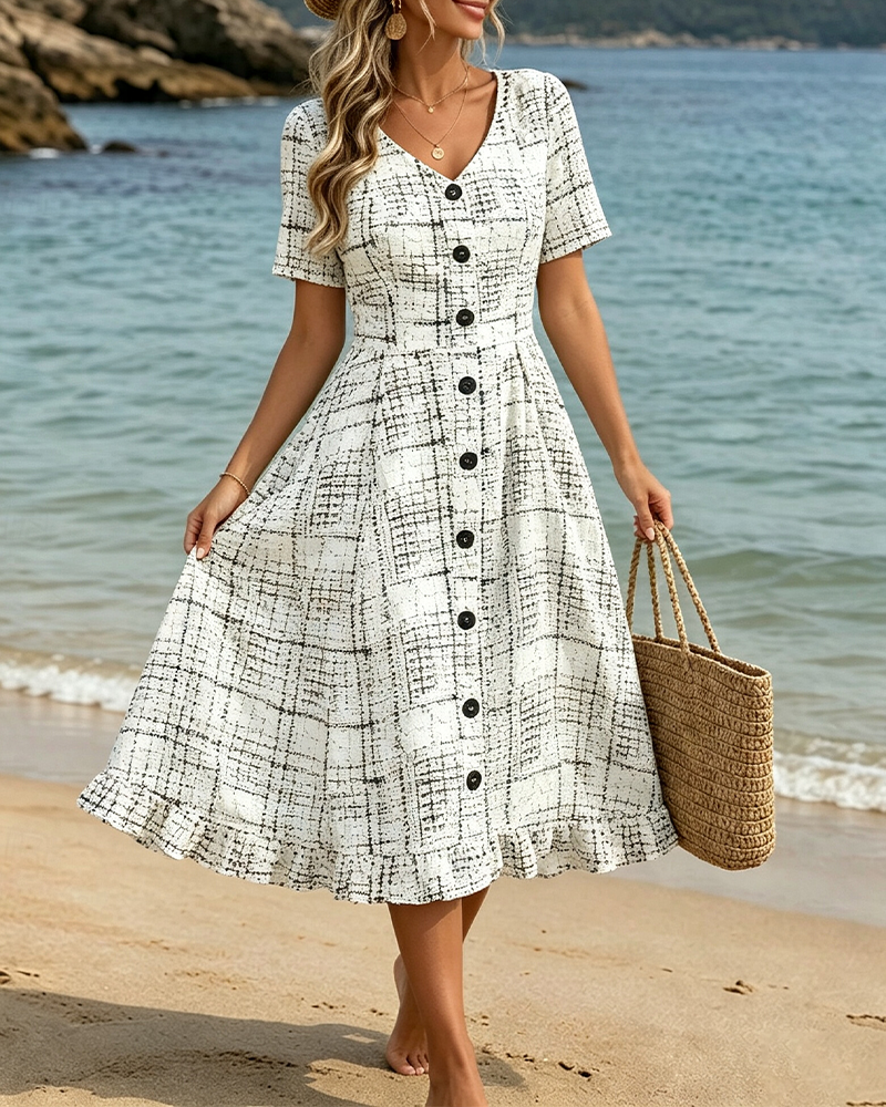 Robe Col V Carreau Bouton Volant