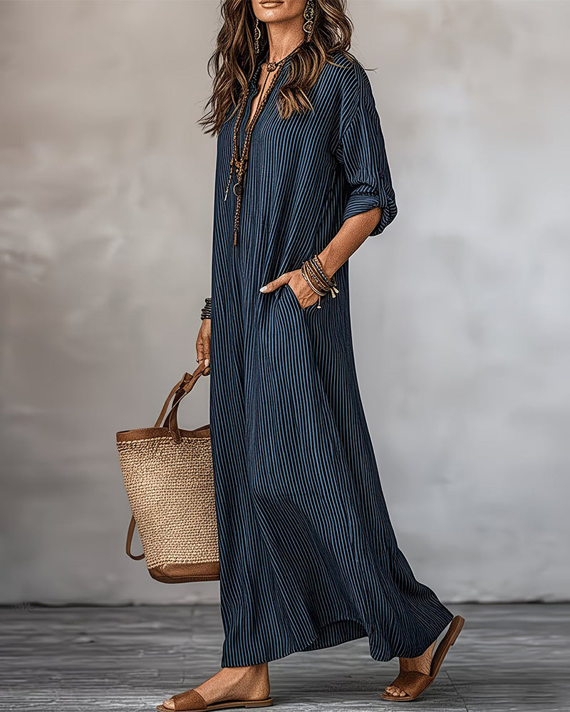 Robe Col V Rayé Poche Chemise