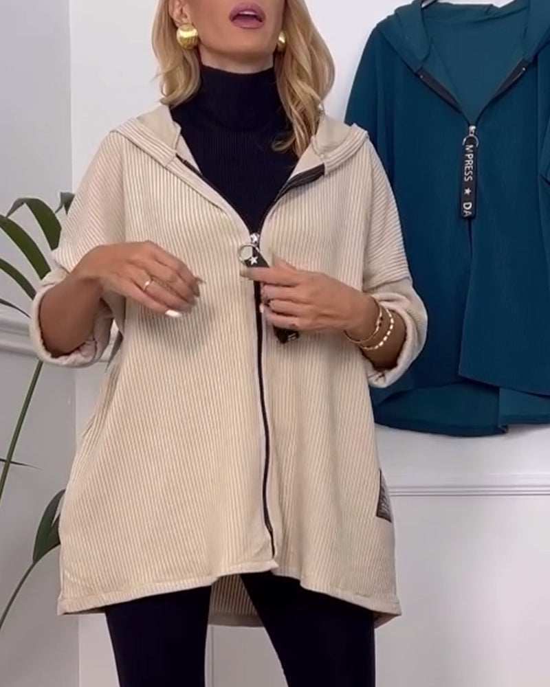 Manteau décontracté à capuche de couleur unie avec fermeture éclair