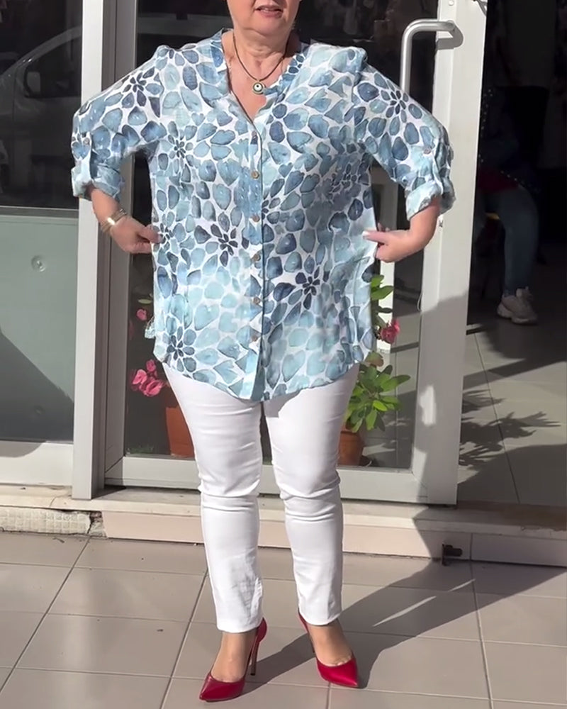 Chemise boutonnée décontractée imprimée à col en V