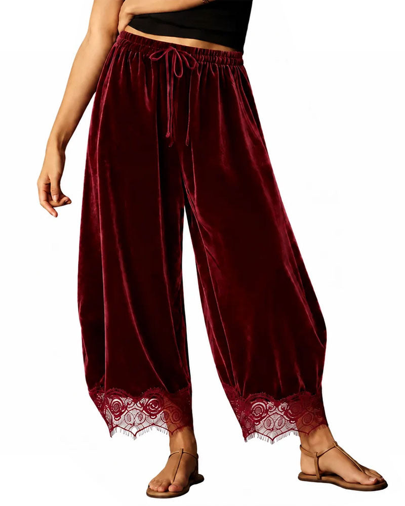Pantalon Taille Élastique Dentelle Couture Jambe Large