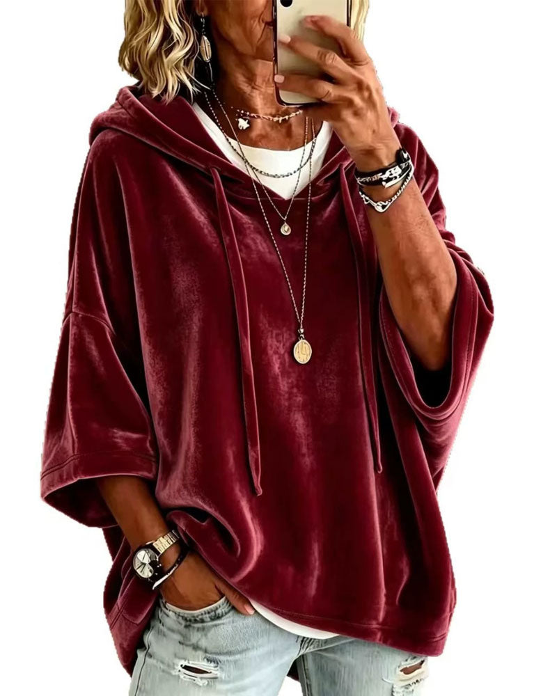 Sweatshirt Manche 3/4 Velours Capuche