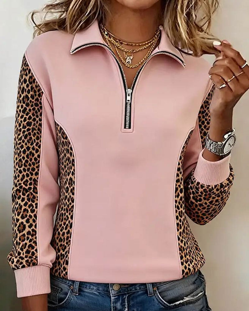 Sweat-Shirt Imprimé Léopard Demi-Zip Revers