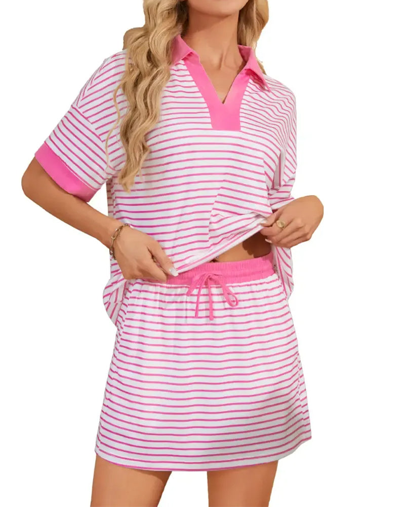 Set Contraste Rayure Polo Manche Courte Jupe