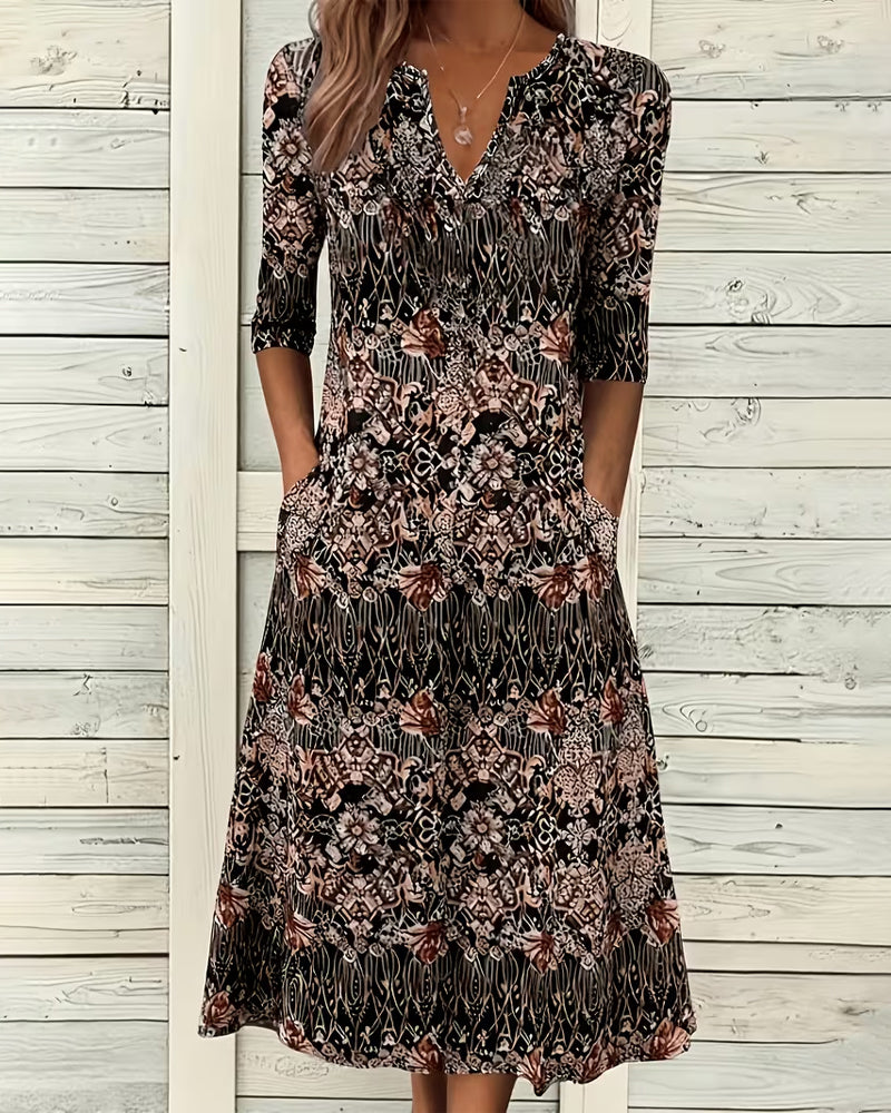 Robe Col V Imprimé Patchwork Demi‑manche