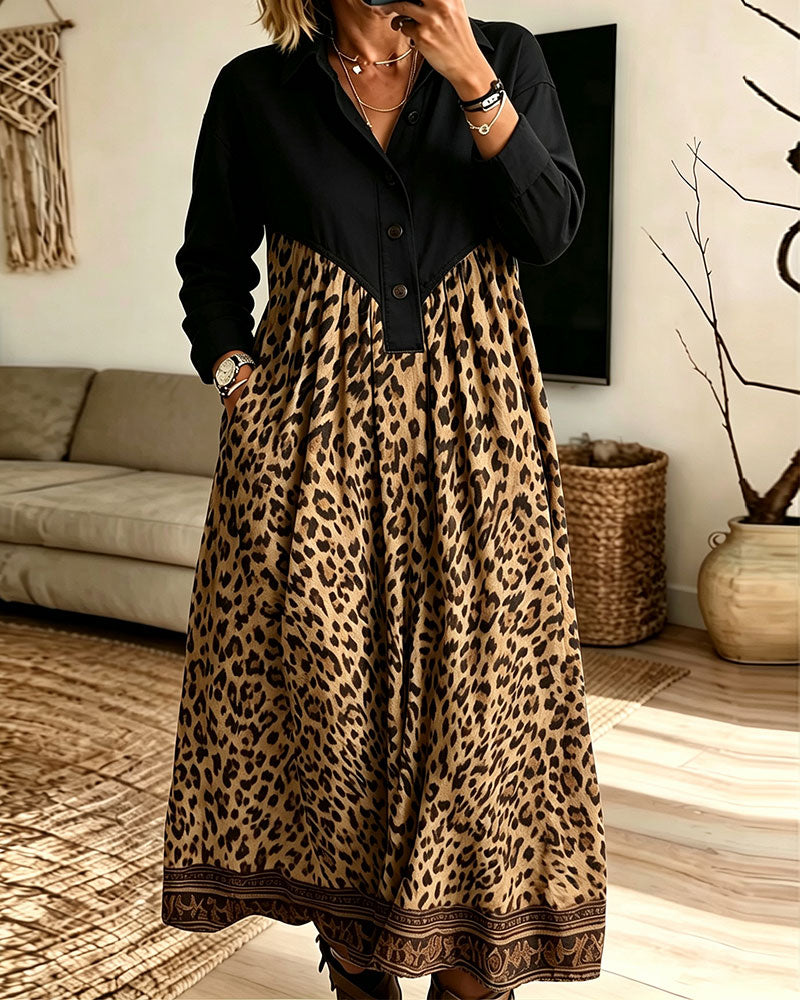 Robe Col Chemise Boutonnage Imprimé Léopard Poche
