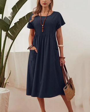 Robe Plissée Manches Courtes Coton Et Lin