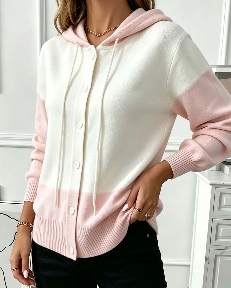 Cardigan Bloc De Couleur Capuche Boutonnage Simple Tricoté