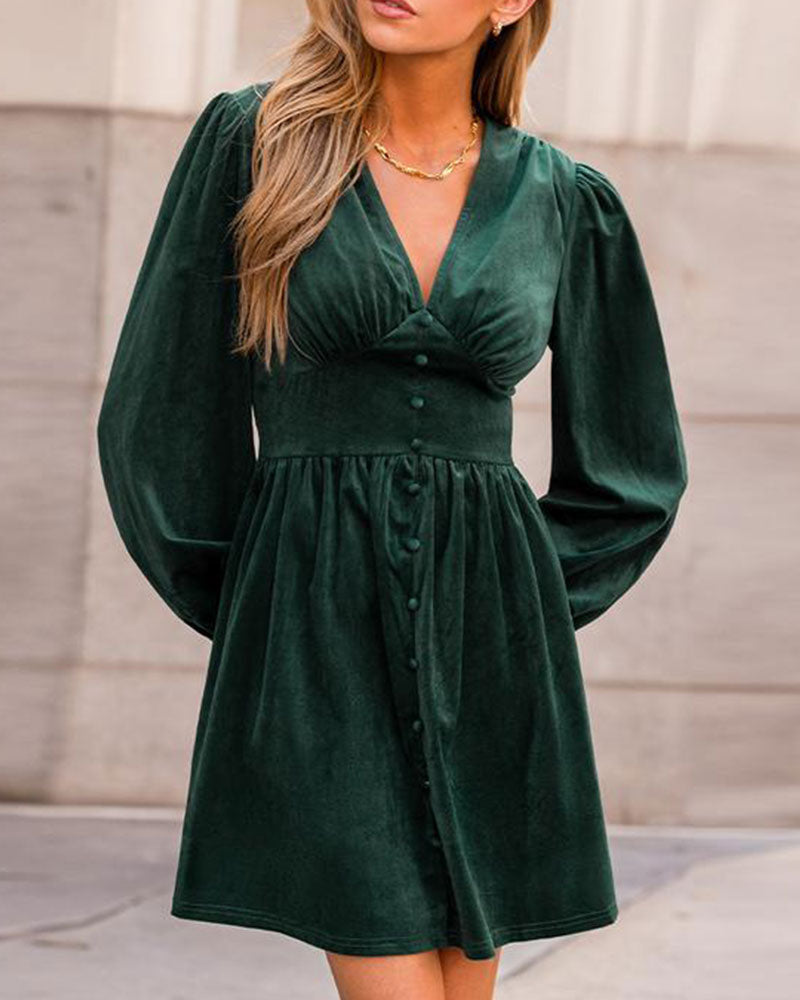 Robe Boutonné Col En V Manche Bouffante Courte