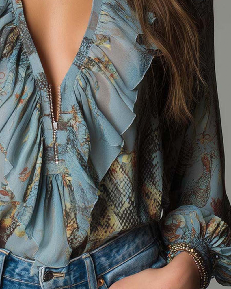 Blouse Profond V Volant Imprimé Élégant