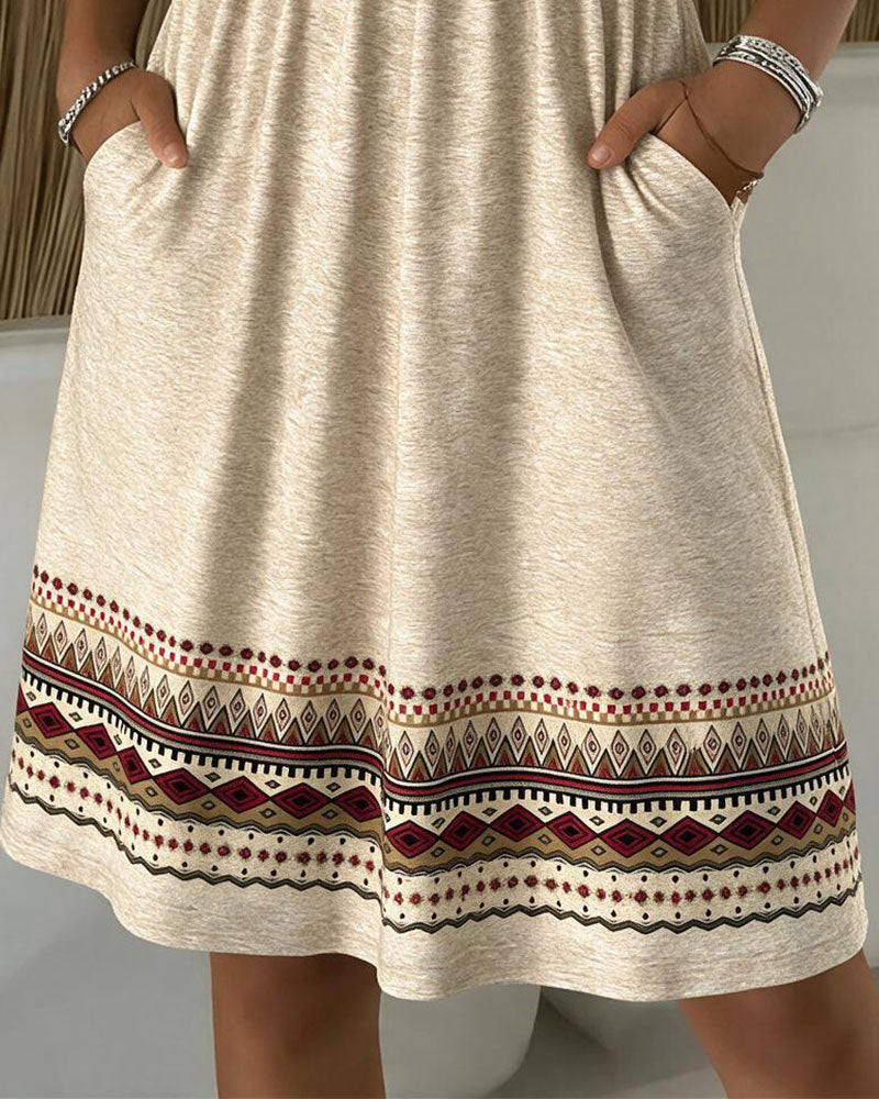 Robe Col V Imprimé Manches Longues Ourlet A