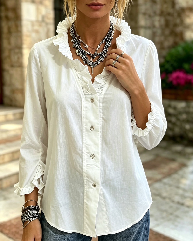 Blouse Volant Garniture Bouton Unie Manche Longue