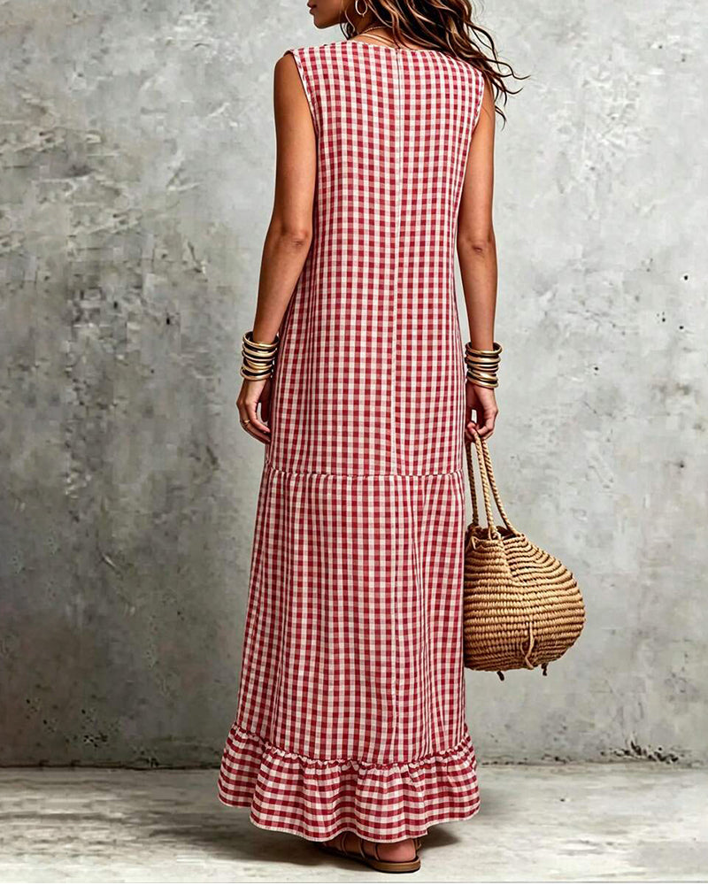 Robe Col V Volant Carreau Sans Manches Maxi