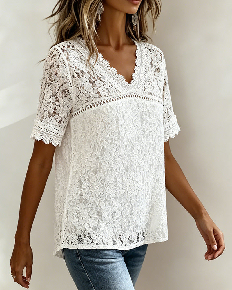 Blouse Uni Manches Courtes En Dentelle