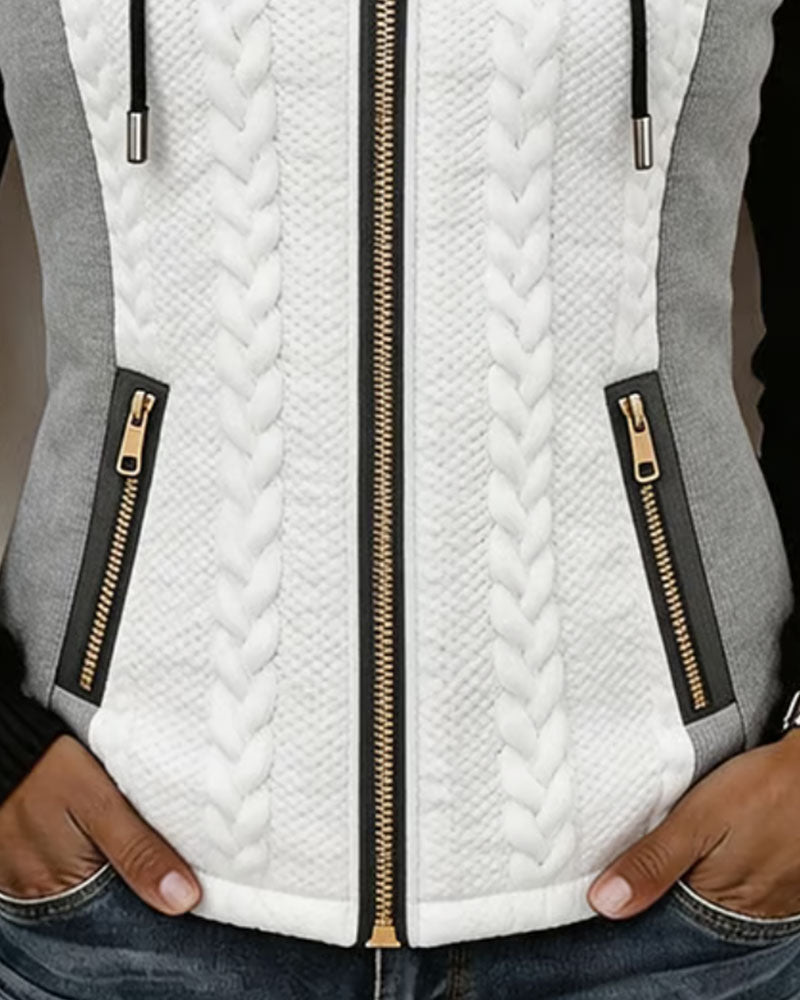 Manteau Couleur Contrastante À Capuche Fermeture Éclair