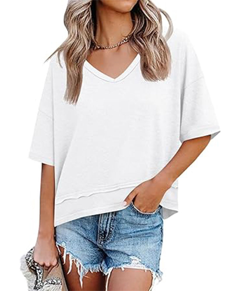 Blouse Unie Col En V Ourlet Patchwork