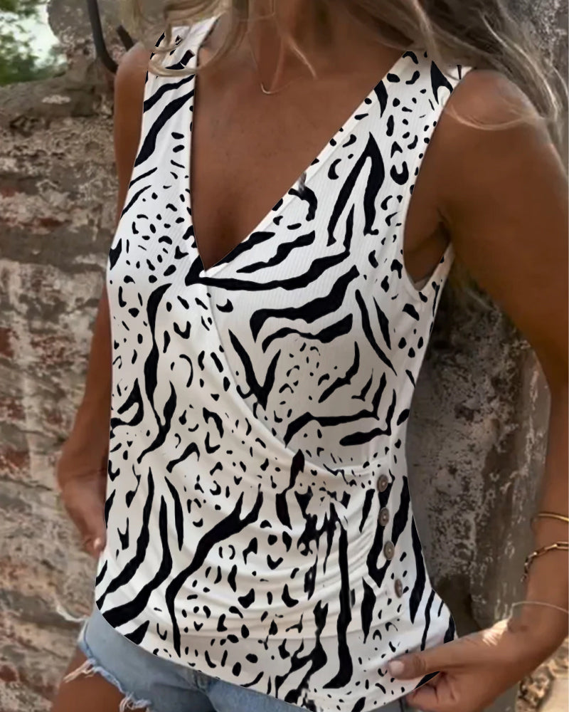 Gilet décontracté col V boutonné croisé imprimé