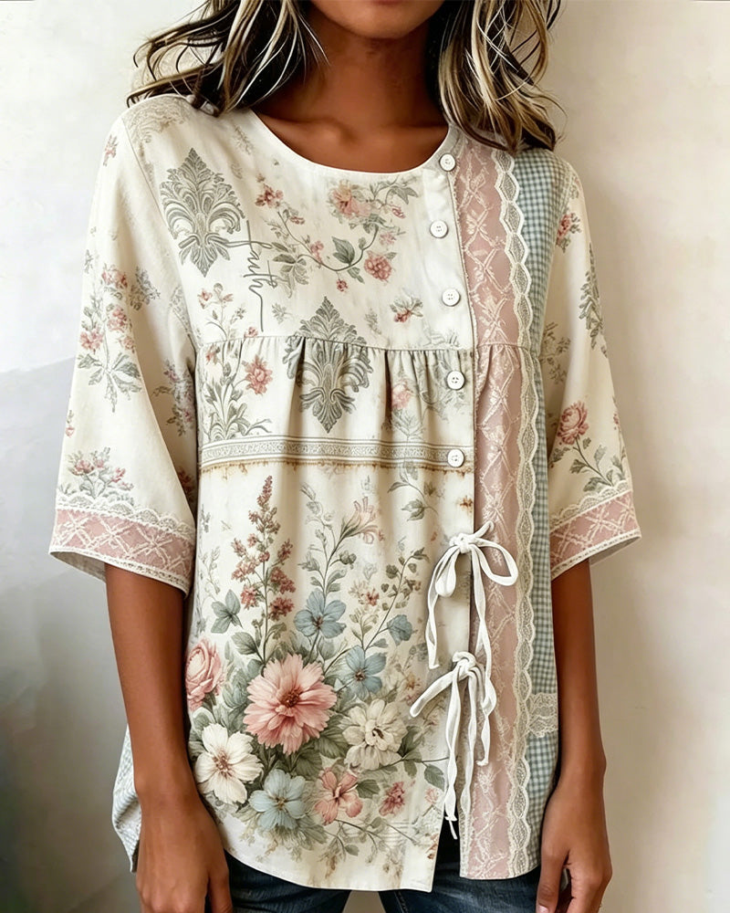Blouse Imprimé Floral Rétro Décontractée