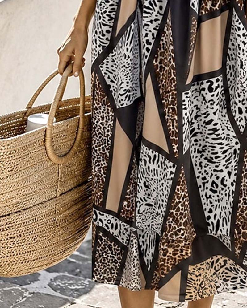 Robe Géométrique Patchwork Léopard Jupe Ample Maxi