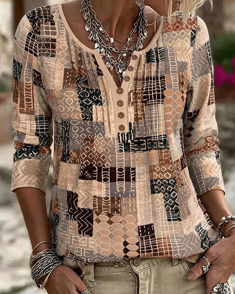 T-Shirt Géométrique Patchwork Imprimé Henley
