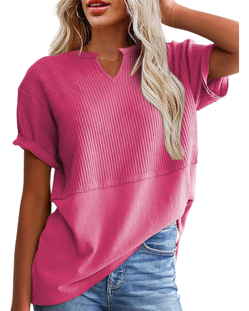 T-Shirt Taille Cintrée Patchwork Col En V Pullover