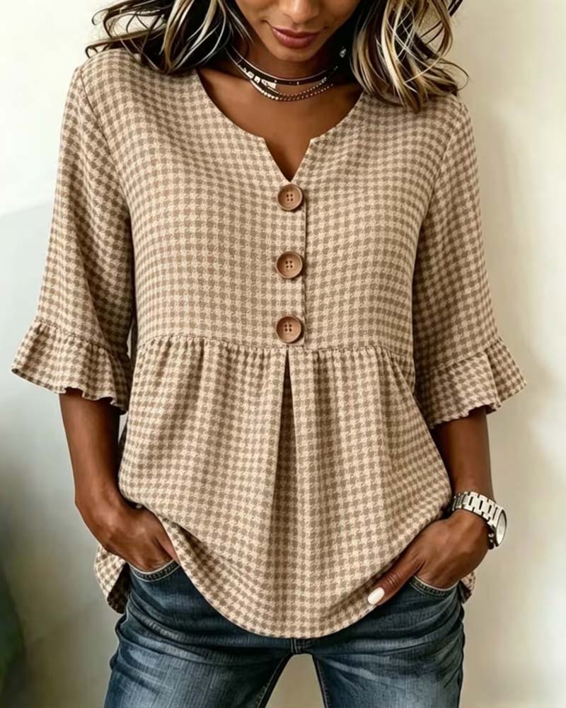 Blouse Pied-De-Coq Trois Boutons Décontractée