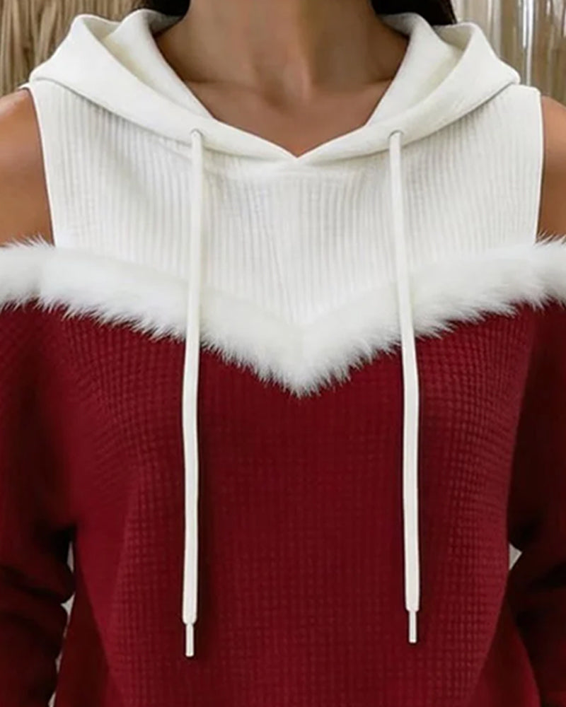 Sweat À Capuche Épaules Dénudées Fausse Fourrure Bordure