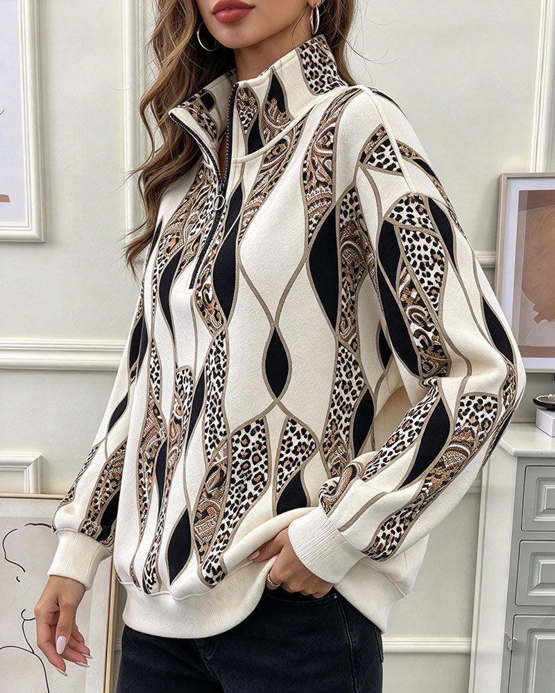 Sweatshirt Géométrique Paisley Demi Fermeture Éclair Col Montant