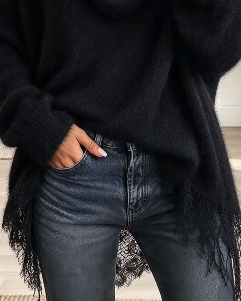Pullover Col Drapé Franges Peluche Loose