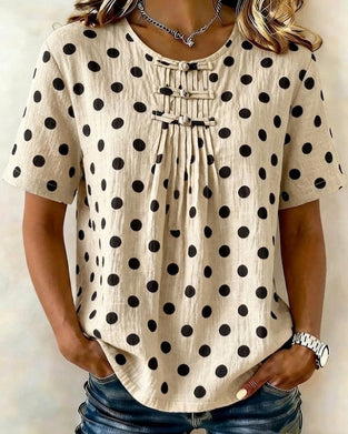 Blouse Polka Dot Bouton Grenouille Manche Courte