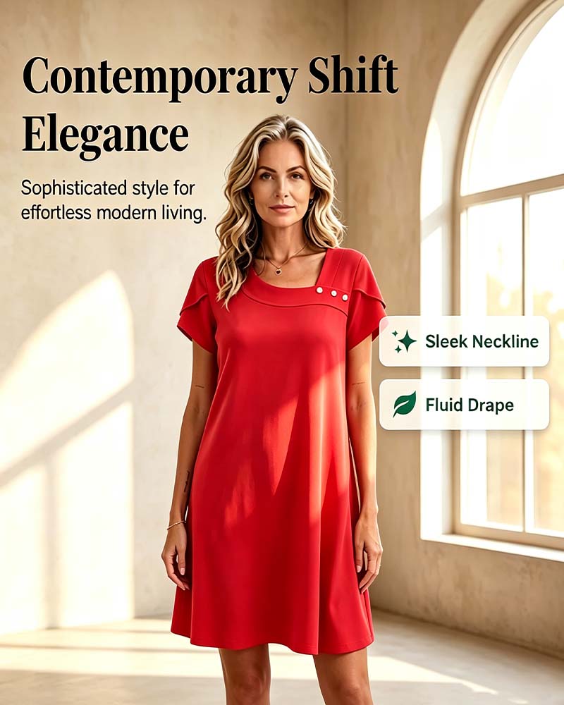 Robe Col Asymétrique Bouton Manche Courte Unie