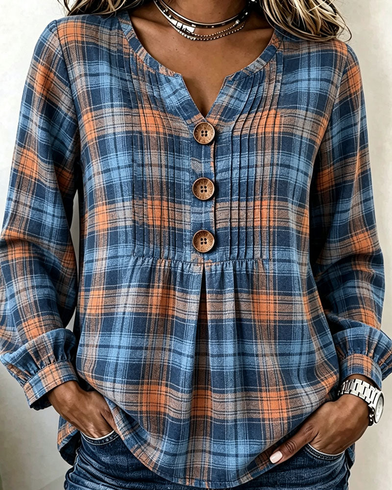 Blouse Trois-Bouton À Carreaux Manches Longues