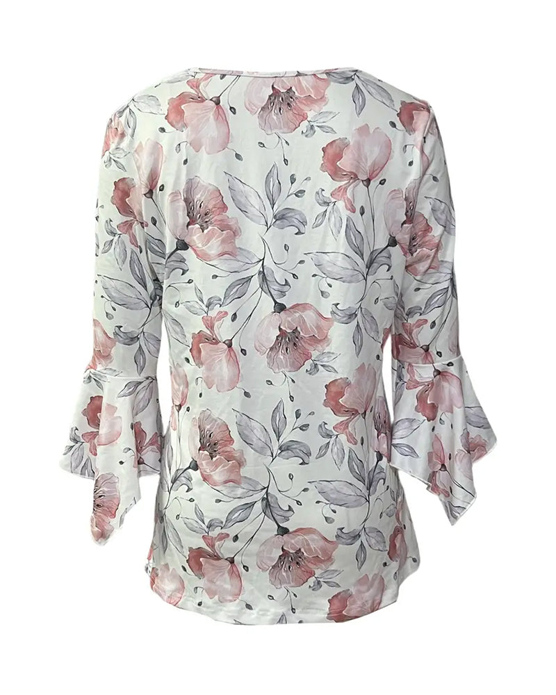 Blouse Manches Évasées Imprimée Volants