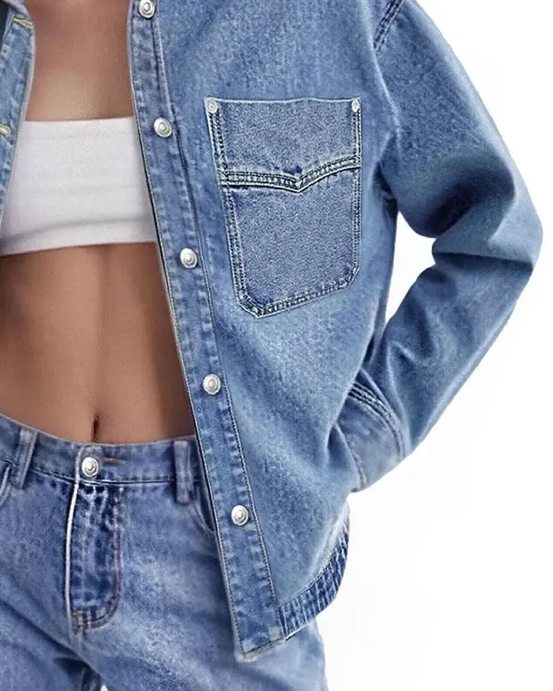 Chemise Revers Bouton Manches Longues Denim