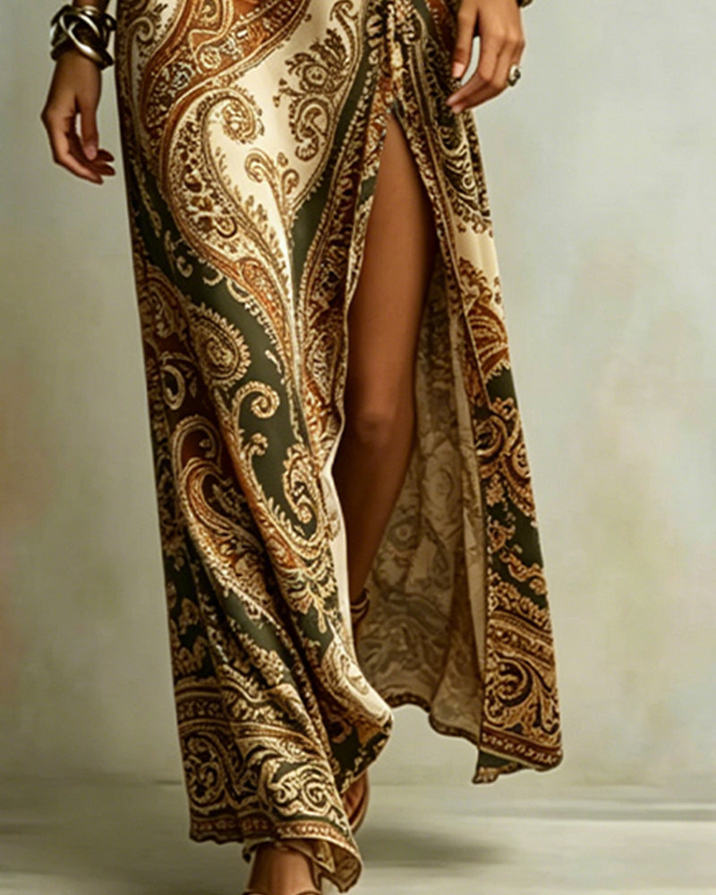Robe Paisley Une Épaule Cravate Fente Maxi