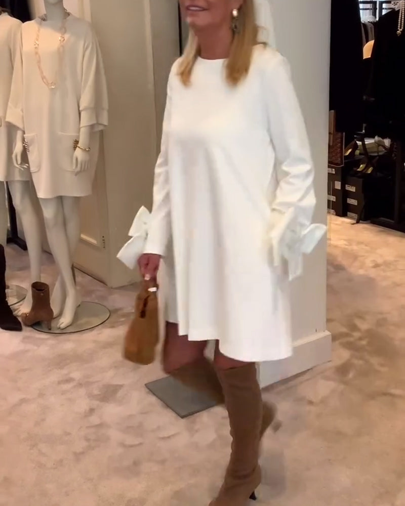 Robe Élégant Col Rond Manche Nœud