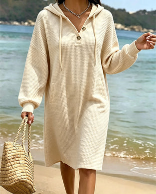 Robe Col V Bouton Poche Capuche Gaufre
