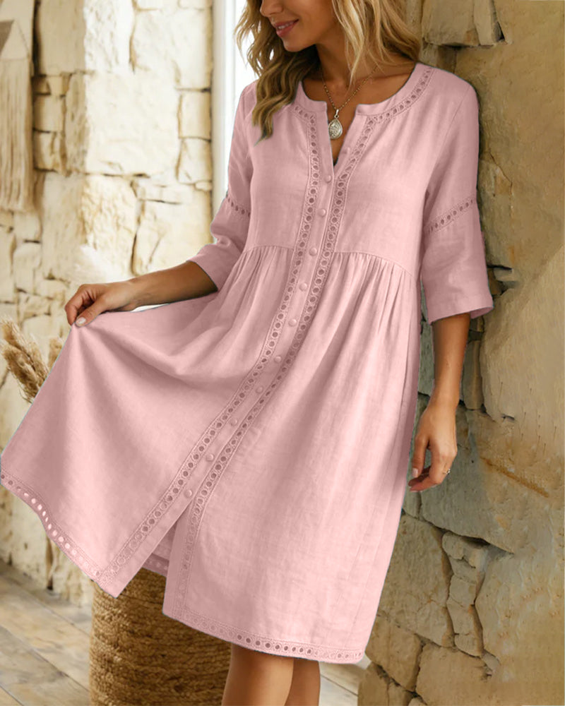 Robe 100% Coton Évidé Col V Boutonnage Devant