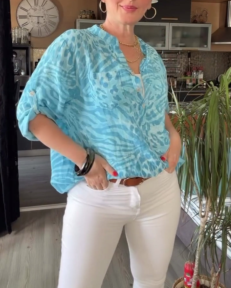 Blouse imprimée col V poche boutonnée manches trois-quarts